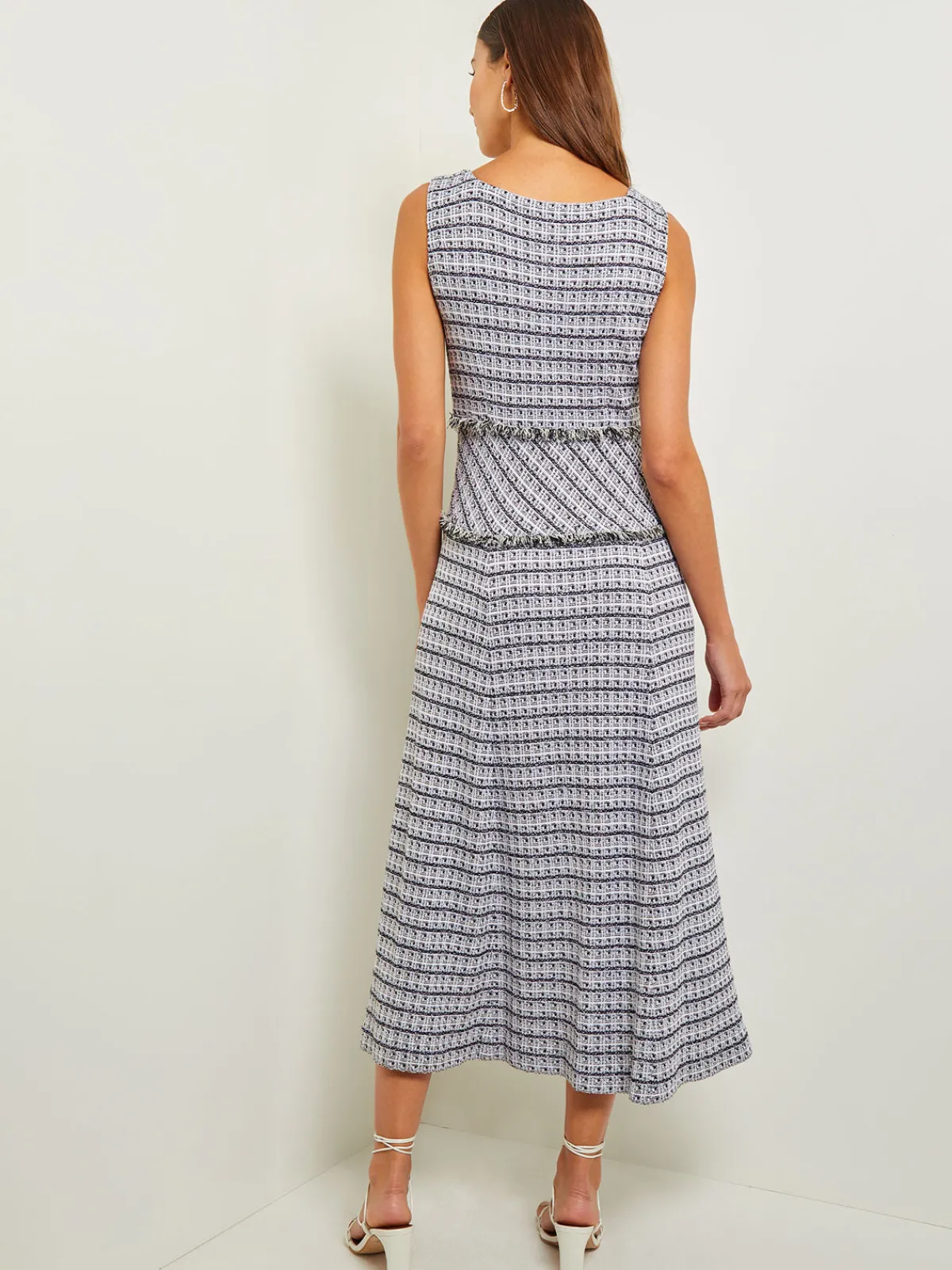 Dresses|Misook Maxi Drop Waist Dress - Fringe Trim Soft Tweed Knit Black/White