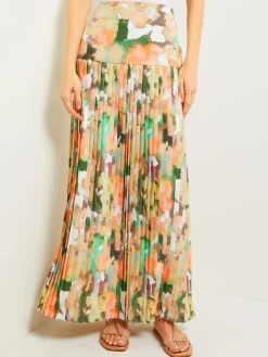 Skirts|Misook Maxi Drop Waist Skirt - Pleated Watercolor Woven VerdantClover/ParadiseGreen/PaleGold/Charmeuse/PeachBlossom/White