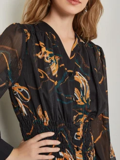Dresses|Misook Maxi Fit & Flare Dress - Printed Woven Chiffon Black/Ochre/Spruce/Copper/NewIvory