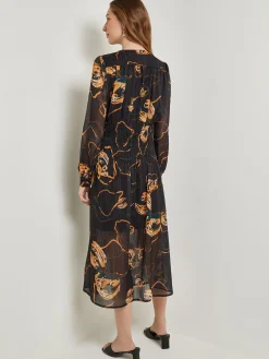 Dresses|Misook Maxi Fit & Flare Dress - Printed Woven Chiffon Black/Ochre/Spruce/Copper/NewIvory