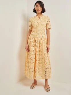 Dresses|Misook Maxi Pleated Drop Waist Dress - Floral Applique Woven PaleGold