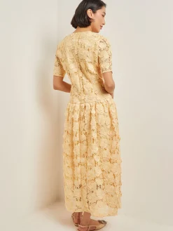 Dresses|Misook Maxi Pleated Drop Waist Dress - Floral Applique Woven PaleGold