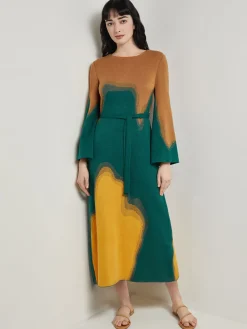 Dresses|Misook Maxi Shift Dress - Abstract Jacquard Cozy Knit Spruce/Ochre/Copper