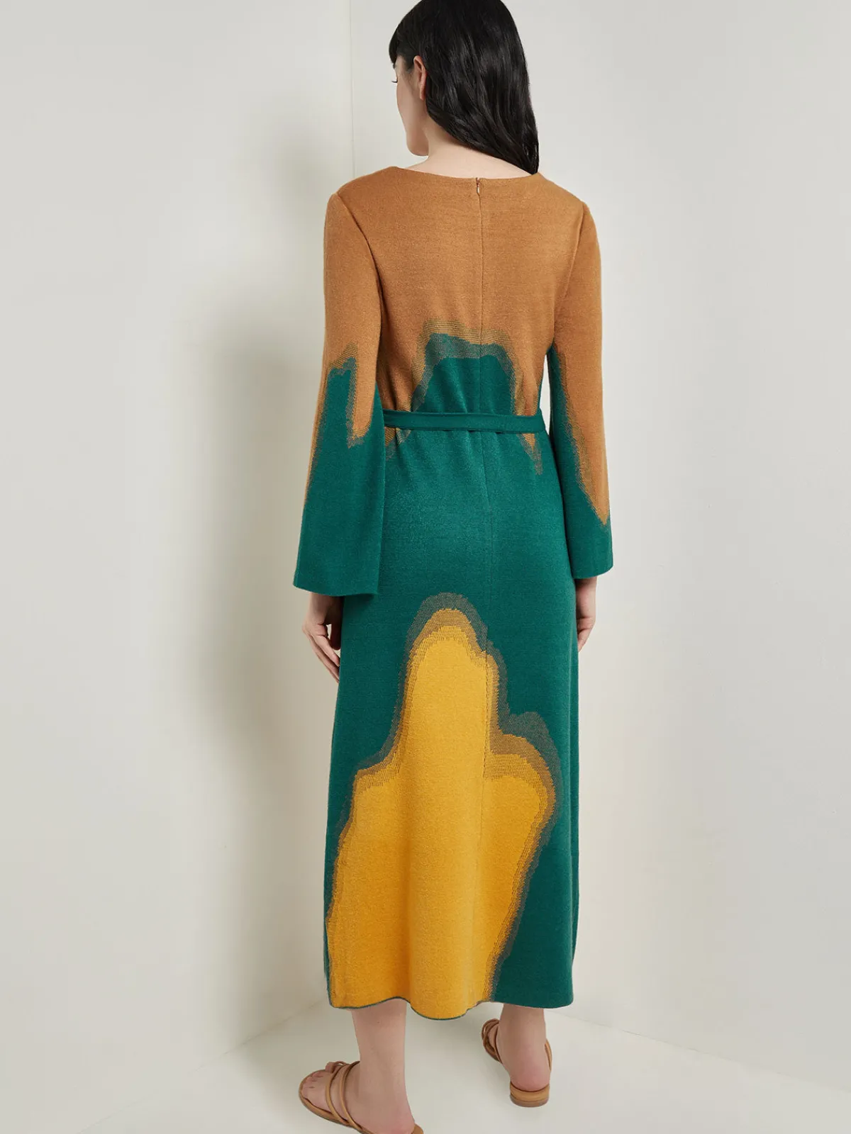 Dresses|Misook Maxi Shift Dress - Abstract Jacquard Cozy Knit Spruce/Ochre/Copper