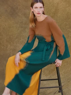 Dresses|Misook Maxi Shift Dress - Abstract Jacquard Cozy Knit Spruce/Ochre/Copper