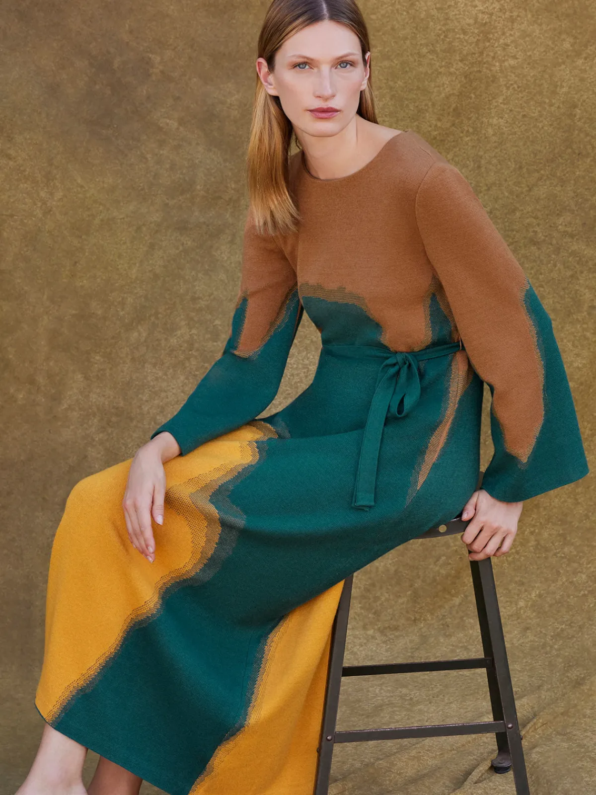 Dresses|Misook Maxi Shift Dress - Abstract Jacquard Cozy Knit Spruce/Ochre/Copper