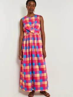 Dresses|Misook Maxi Tie Waist Dress - Plaid Cotton Blend RadiantPink/AdriaticBlue/Parchment