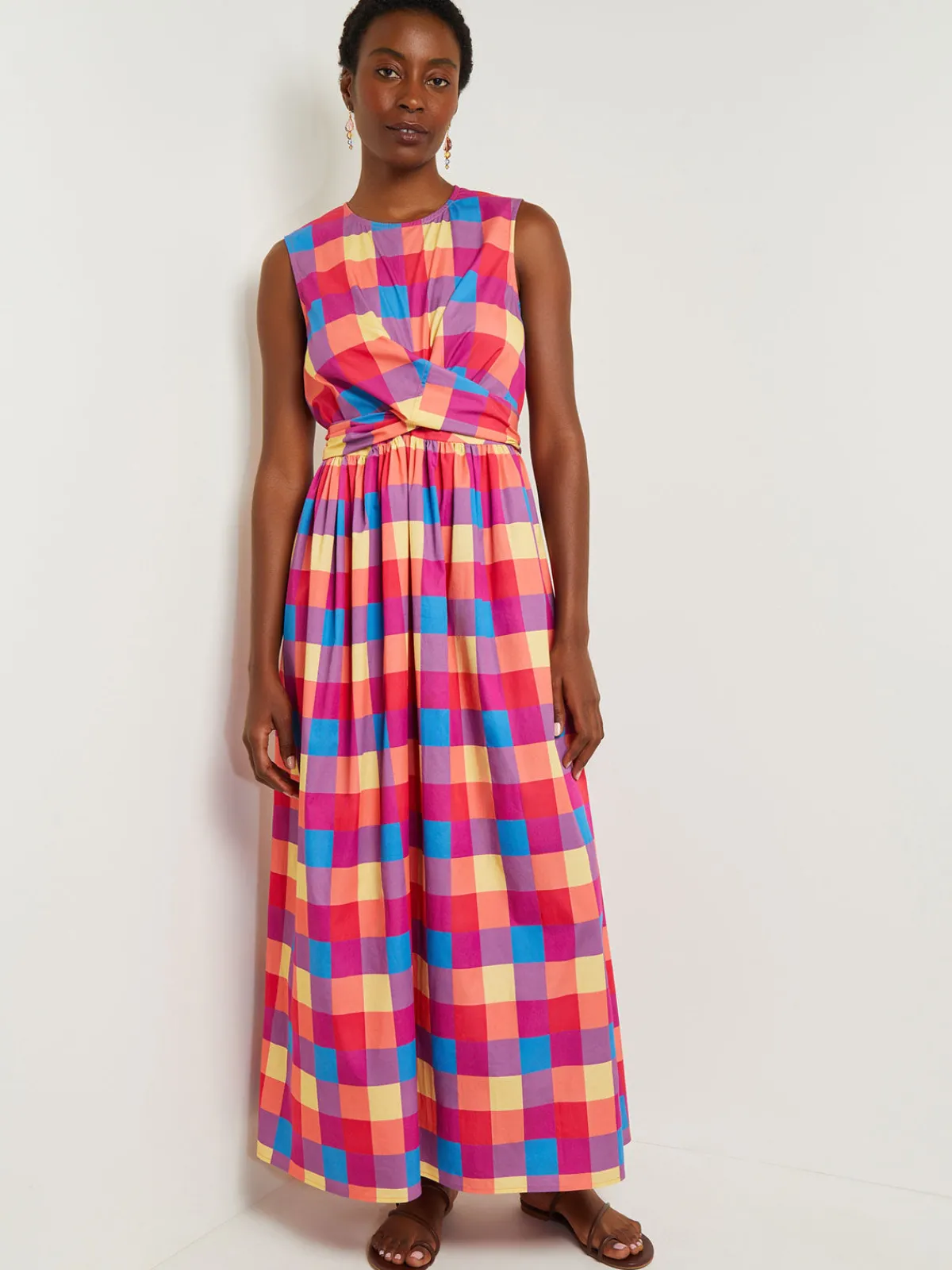 Dresses|Misook Maxi Tie Waist Dress - Plaid Cotton Blend RadiantPink/AdriaticBlue/Parchment