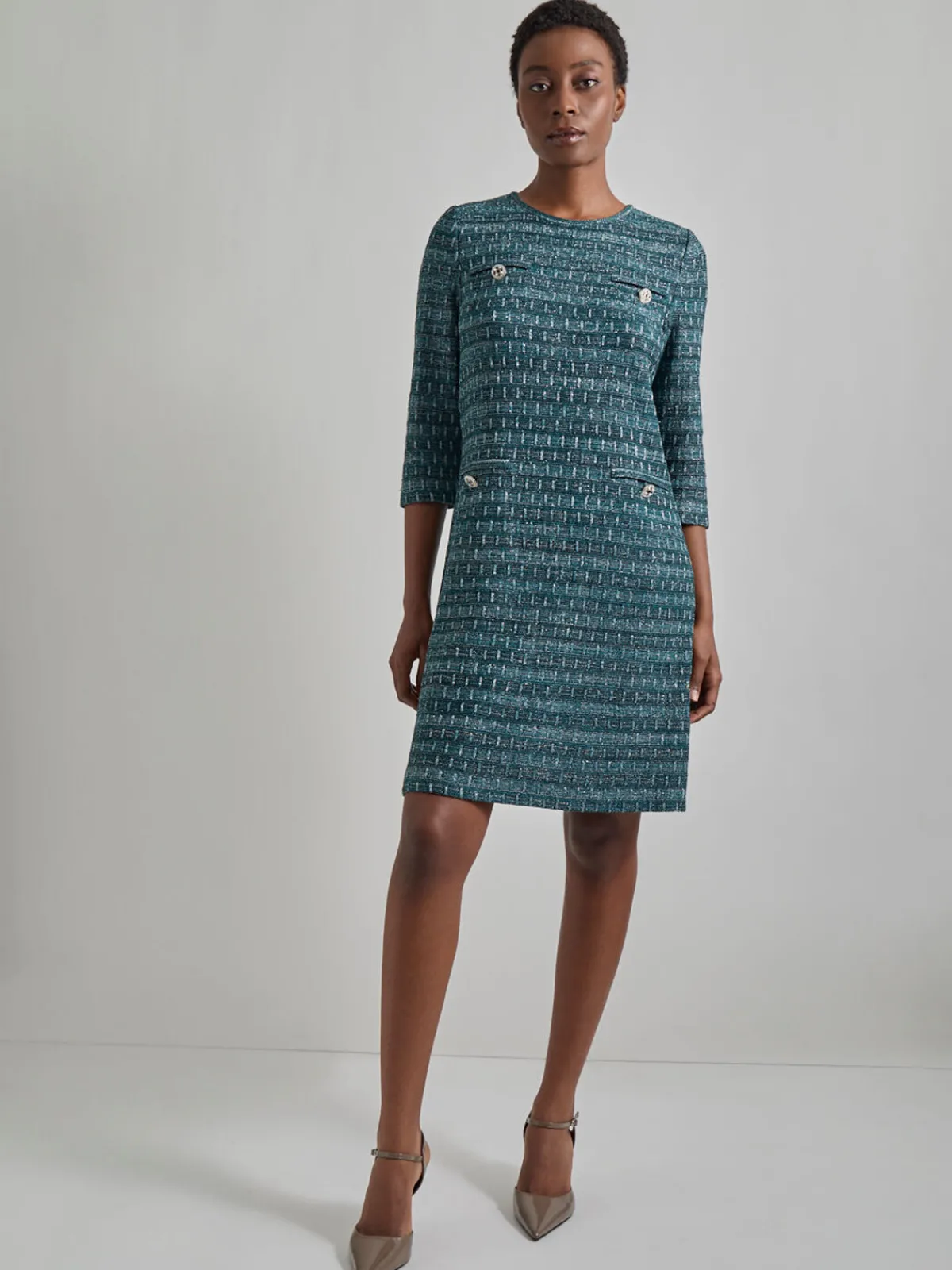Dresses|Misook Metallic Accent Tweed Knit Shift Dress Spruce/Black/NewIvory