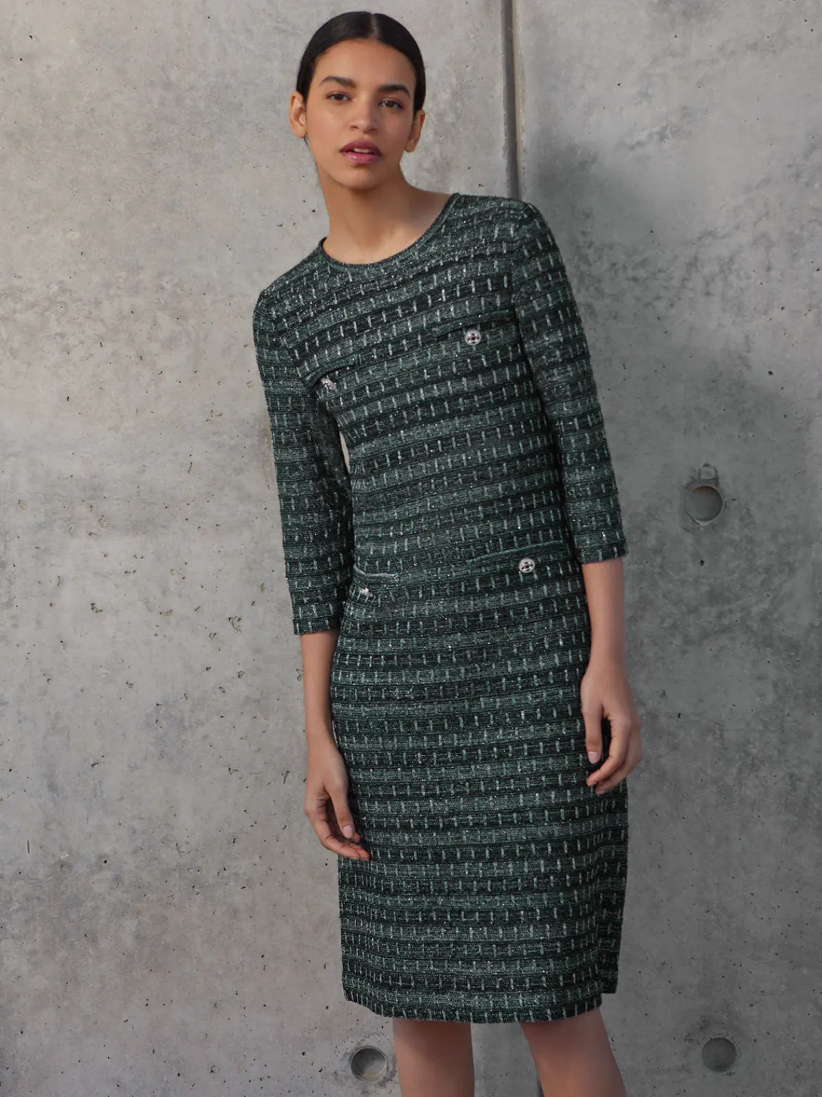 Dresses|Misook Metallic Accent Tweed Knit Shift Dress Spruce/Black/NewIvory