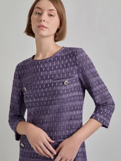 Dresses|Misook Metallic Accent Tweed Knit Shift Dress PlumRoyale/Black/NewIvory