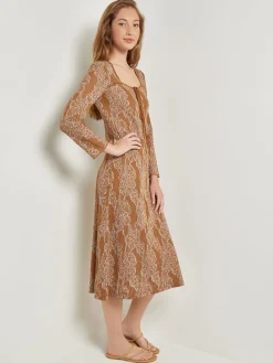 Dresses|Misook Midi A-Line Dress - Ribbed Lurex Jacquard Knit Copper/NewIvory
