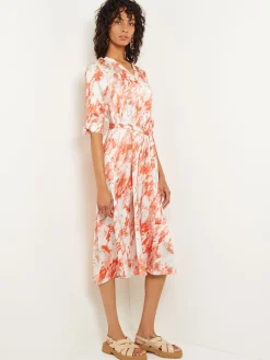 Dresses|Misook Midi A-Line Dress - V-Neck Print Crepe de Chine Spice/Citrine/ItalianClay/Biscotti/LightBiscotti