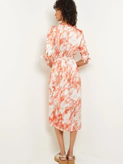 Dresses|Misook Midi A-Line Dress - V-Neck Print Crepe de Chine Spice/Citrine/ItalianClay/Biscotti/LightBiscotti