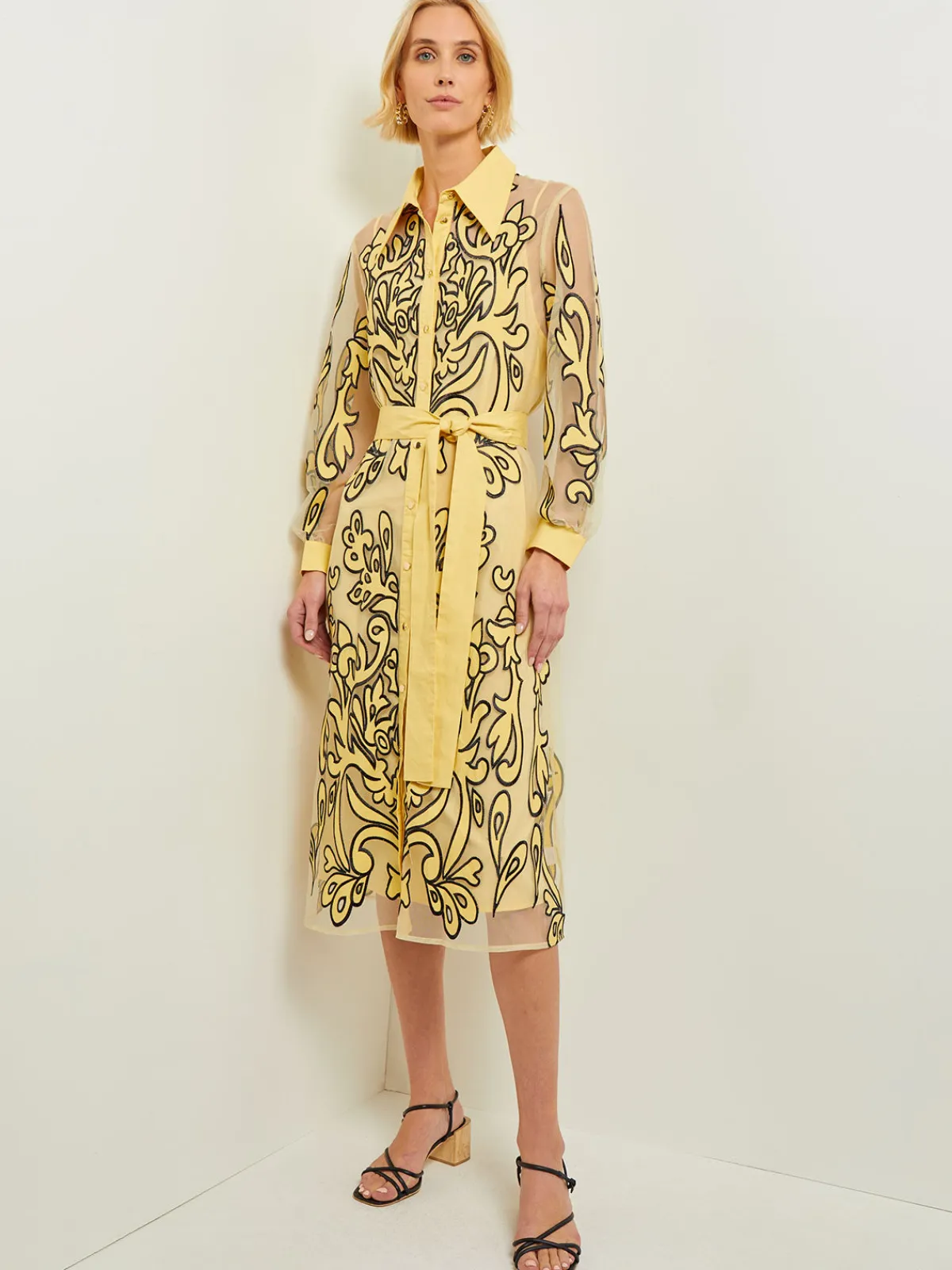 Dresses|Misook Midi Applique Shirtdress - Sheer Woven PaleGold/Black