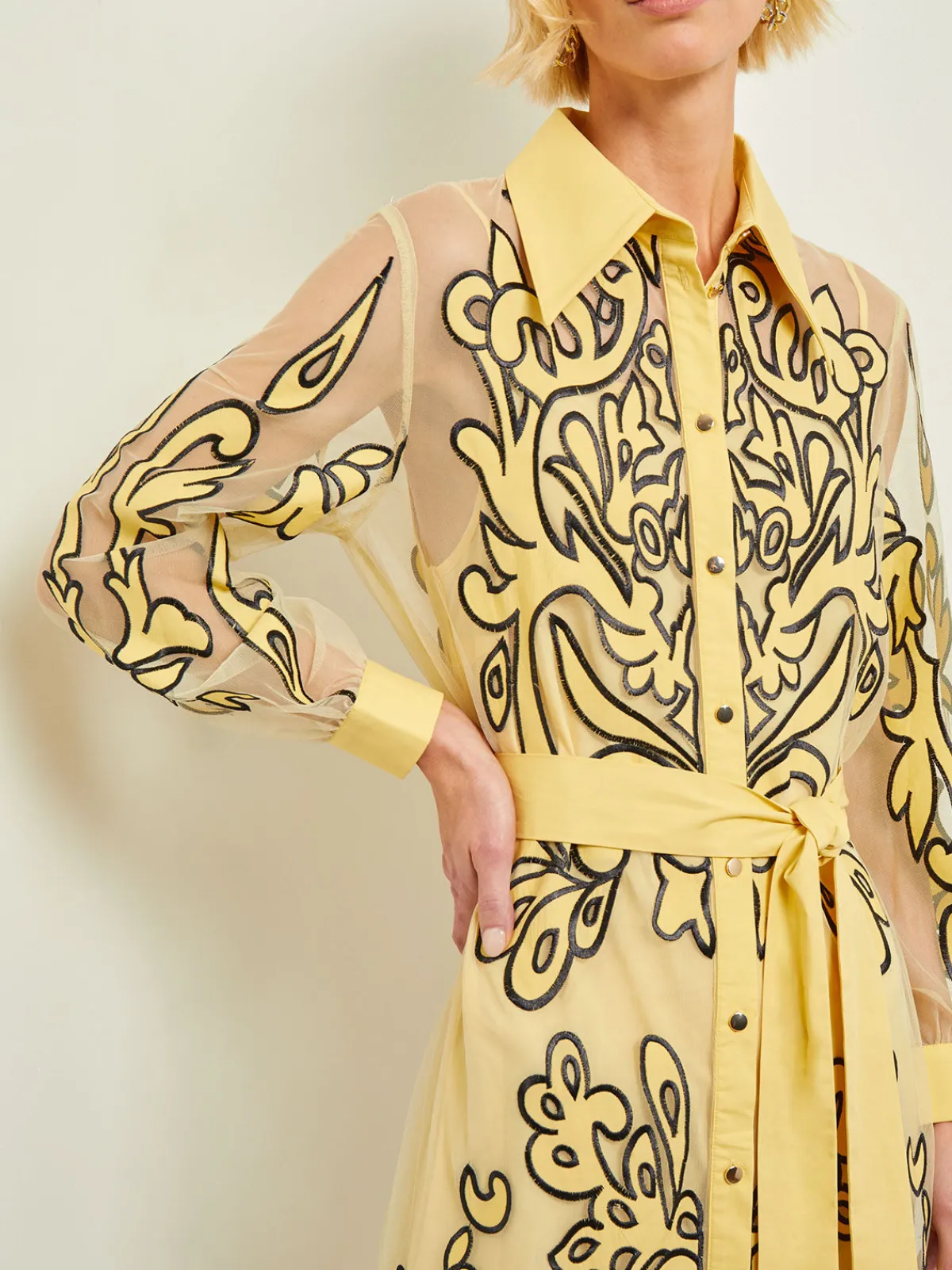 Dresses|Misook Midi Applique Shirtdress - Sheer Woven PaleGold/Black