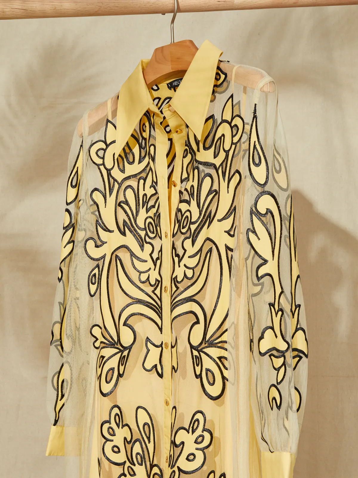 Dresses|Misook Midi Applique Shirtdress - Sheer Woven PaleGold/Black