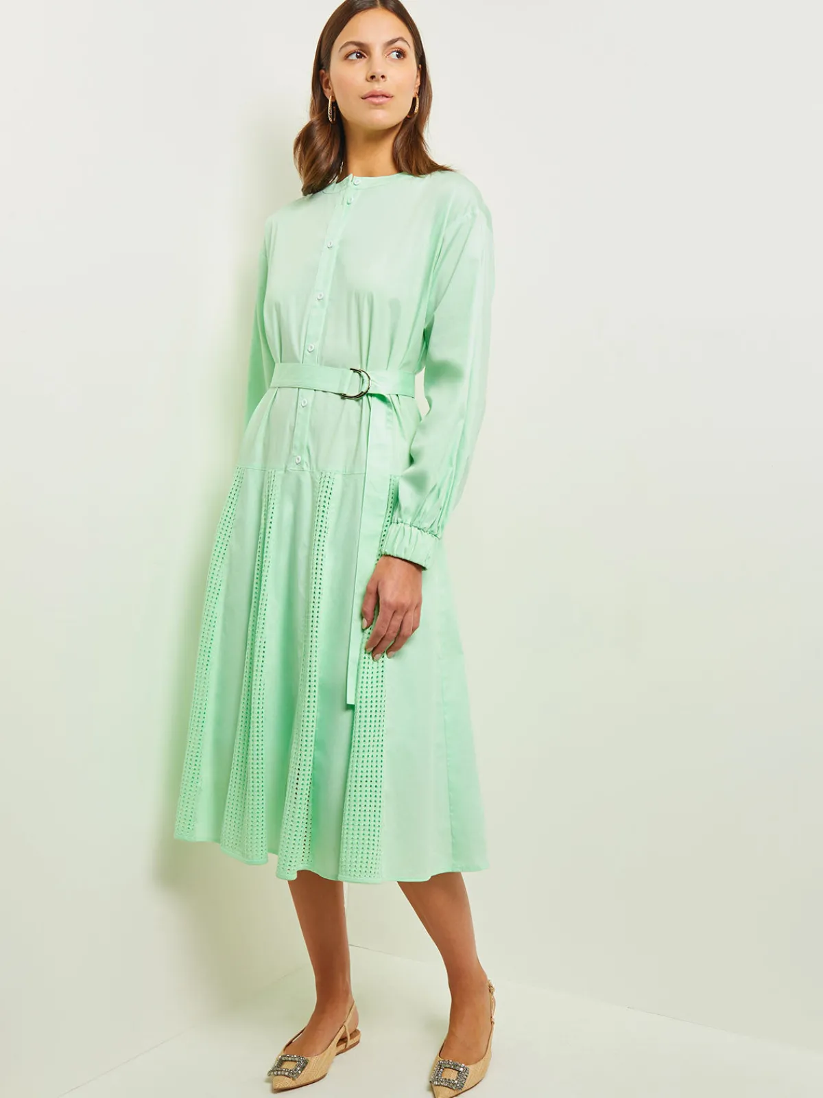 Dresses|Misook Midi Drop Waist Dress - Pointelle Stripe Mixed Media ParadiseGreen
