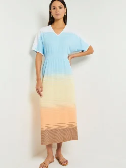 Dresses|Misook Midi Fit & Flare Dress - Soft Ombre Jacquard Knit CaribbeanMist/White/PaleGold/PeachBlossom/Black