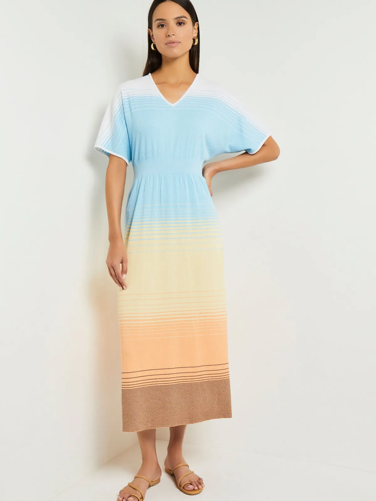 Dresses|Misook Midi Fit & Flare Dress - Soft Ombre Jacquard Knit CaribbeanMist/White/PaleGold/PeachBlossom/Black