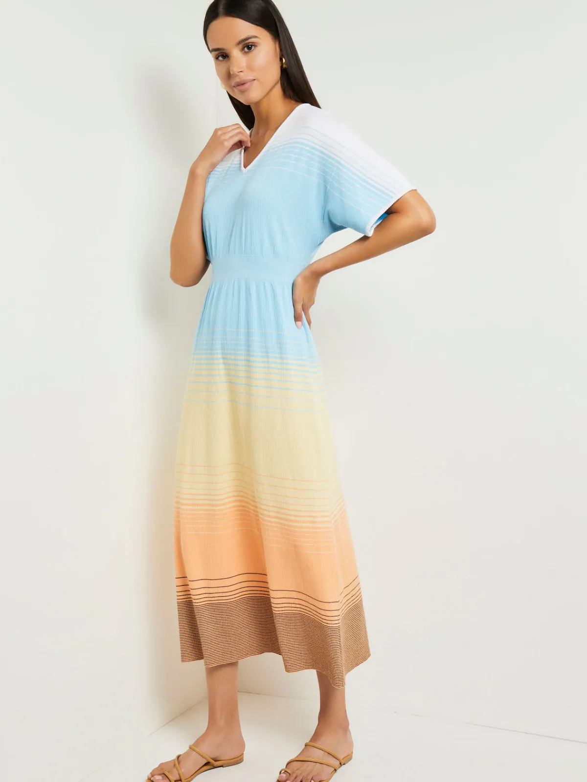 Dresses|Misook Midi Fit & Flare Dress - Soft Ombre Jacquard Knit CaribbeanMist/White/PaleGold/PeachBlossom/Black