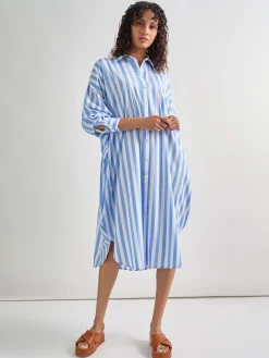 Dresses|Misook Midi Oversized Shirtdress - Striped Woven AdriaticBlue/White