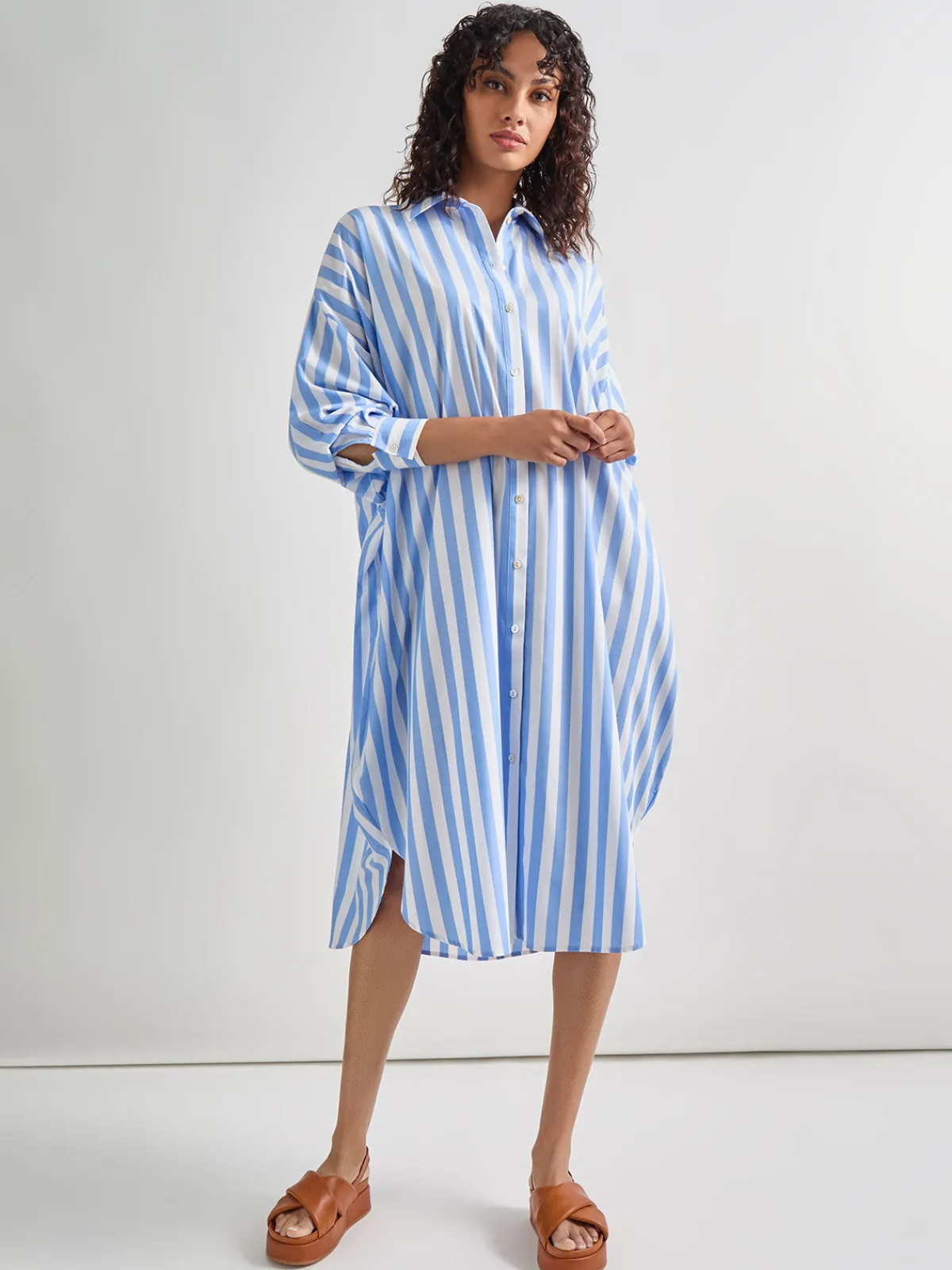 Dresses|Misook Midi Oversized Shirtdress - Striped Woven AdriaticBlue/White