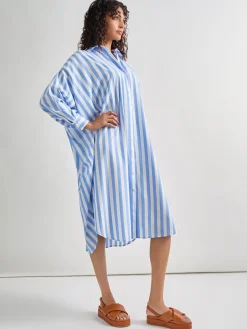 Dresses|Misook Midi Oversized Shirtdress - Striped Woven AdriaticBlue/White