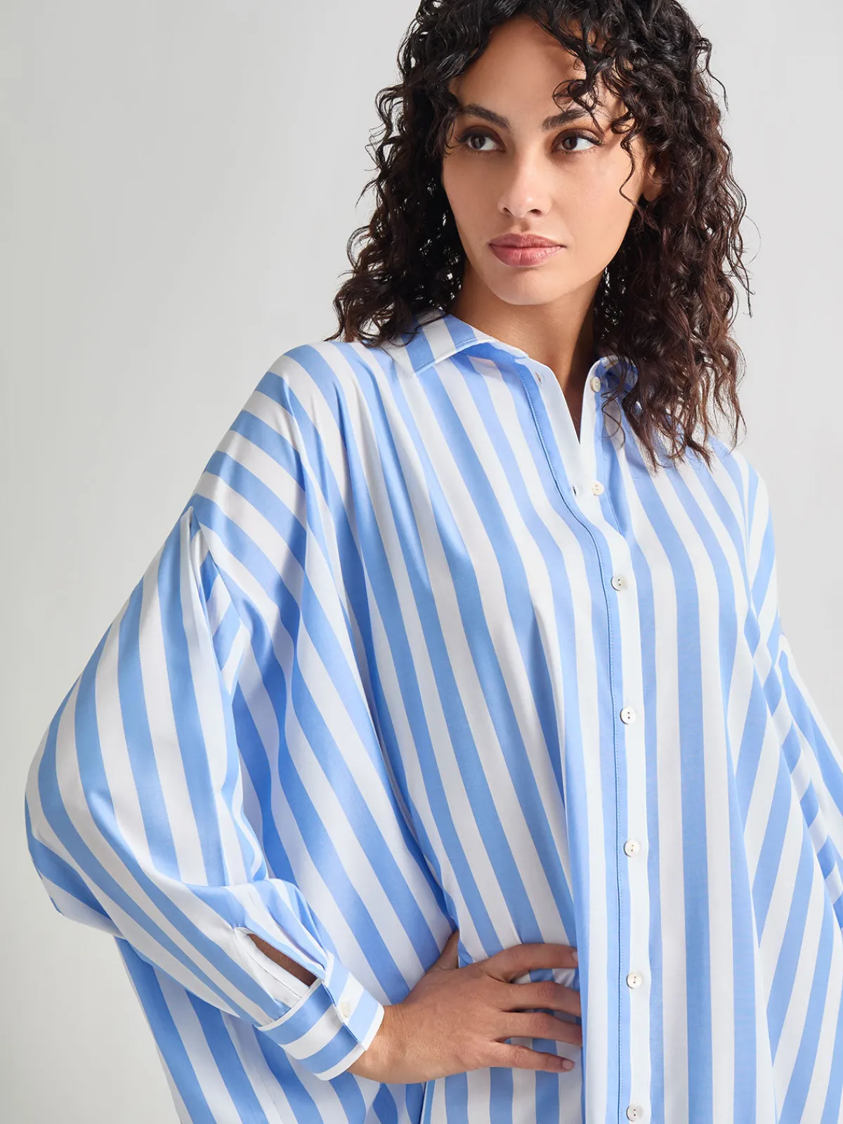 Dresses|Misook Midi Oversized Shirtdress - Striped Woven AdriaticBlue/White