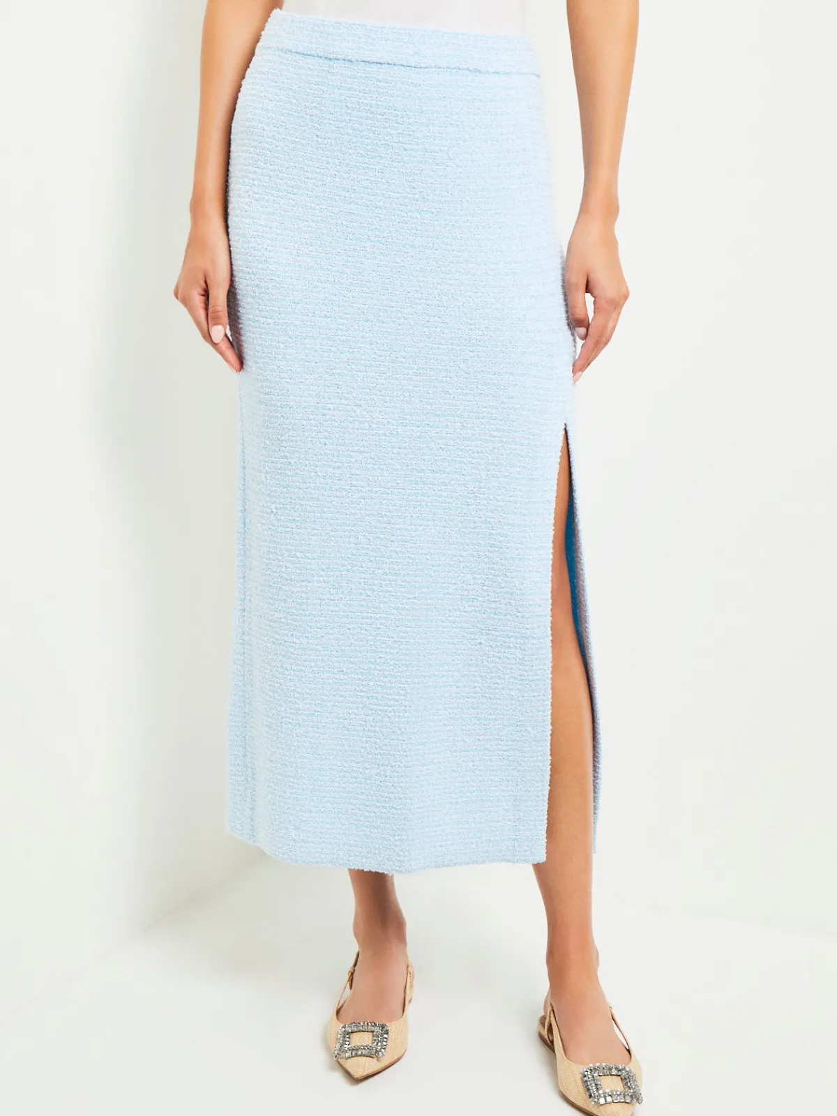 Skirts|Misook Midi Straight Skirt - Side Slit Tweed Knit CaribbeanMist/White