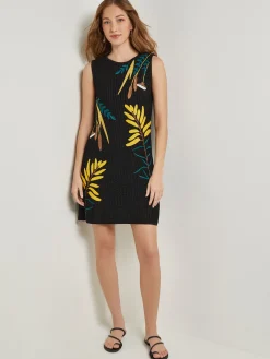 Dresses|Misook Mini A-Line Dress - Embroidered Open Ribbon Knit Black/Ochre/Spruce/Copper/NewIvory