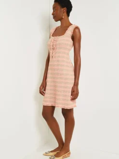 Dresses|Misook Mini A-Line Dress - Fringe Trim Tweed Knit PorcelainPink/OceanCoral/Charmeuse/Biscotti