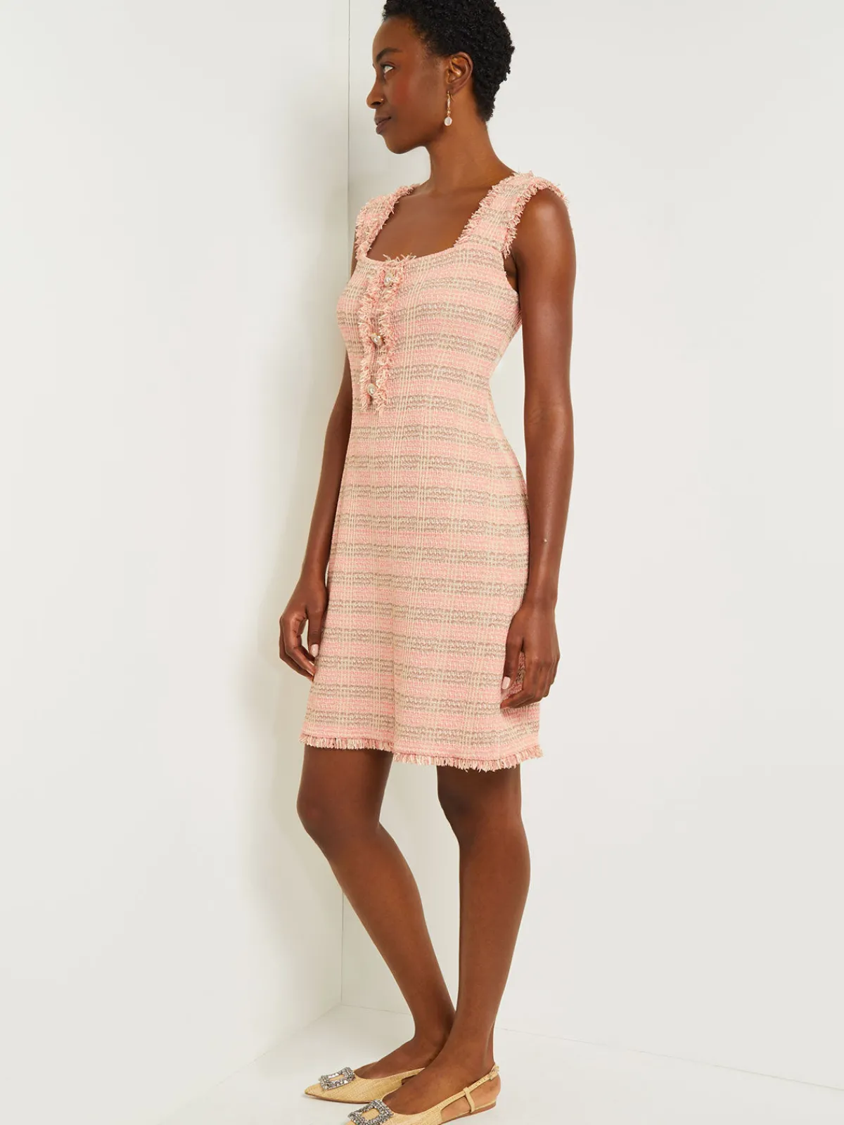 Dresses|Misook Mini A-Line Dress - Fringe Trim Tweed Knit PorcelainPink/OceanCoral/Charmeuse/Biscotti