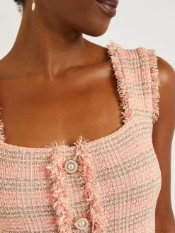 Dresses|Misook Mini A-Line Dress - Fringe Trim Tweed Knit PorcelainPink/OceanCoral/Charmeuse/Biscotti