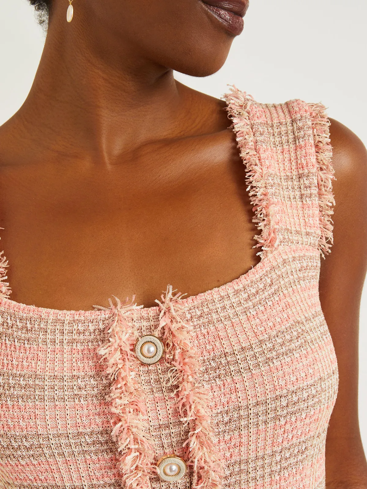 Dresses|Misook Mini A-Line Dress - Fringe Trim Tweed Knit PorcelainPink/OceanCoral/Charmeuse/Biscotti