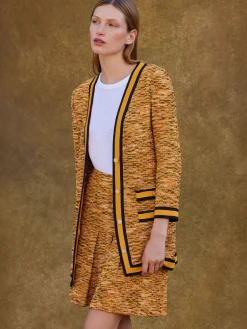 Skirts|Misook Mini A-Line Skirt - Pleated Tweed Knit Ochre/Black/Copper/NewIvory