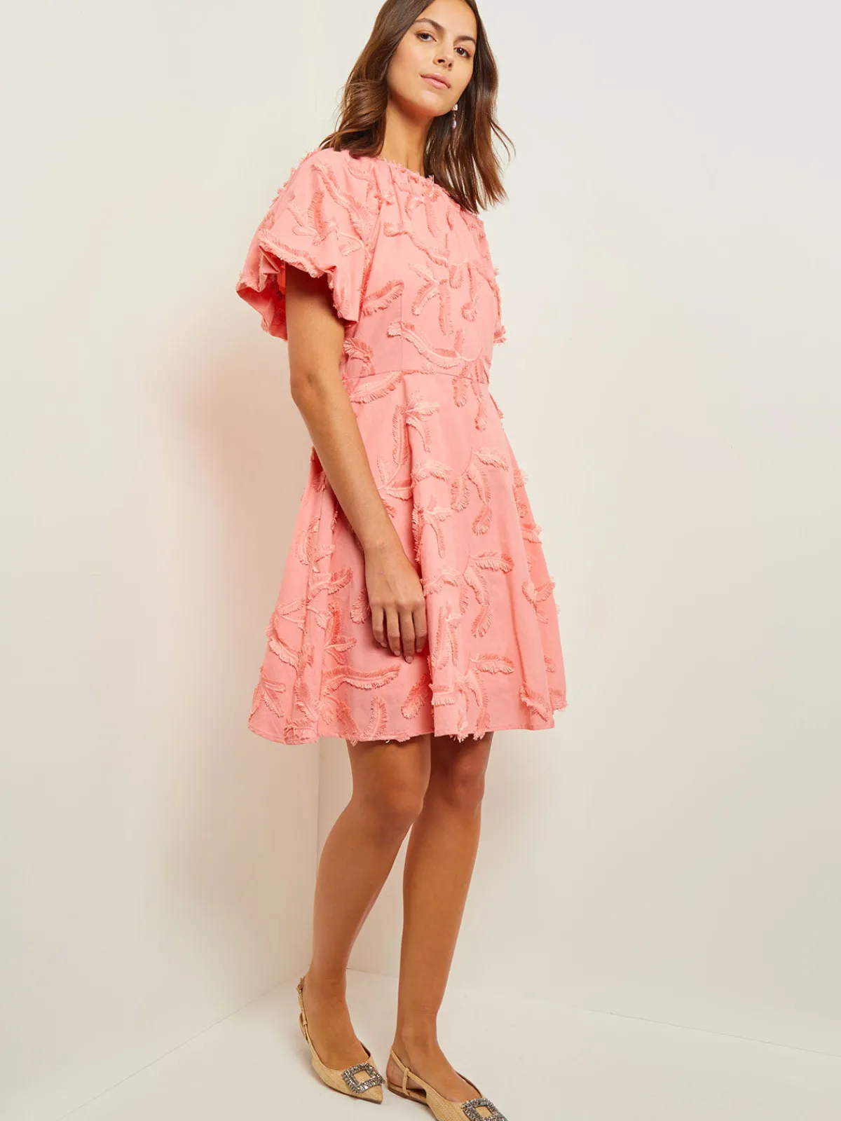 Dresses|Misook Mini Fit & Flare Dress - Puff Sleeve Fringe Applique Cotton OceanCoral