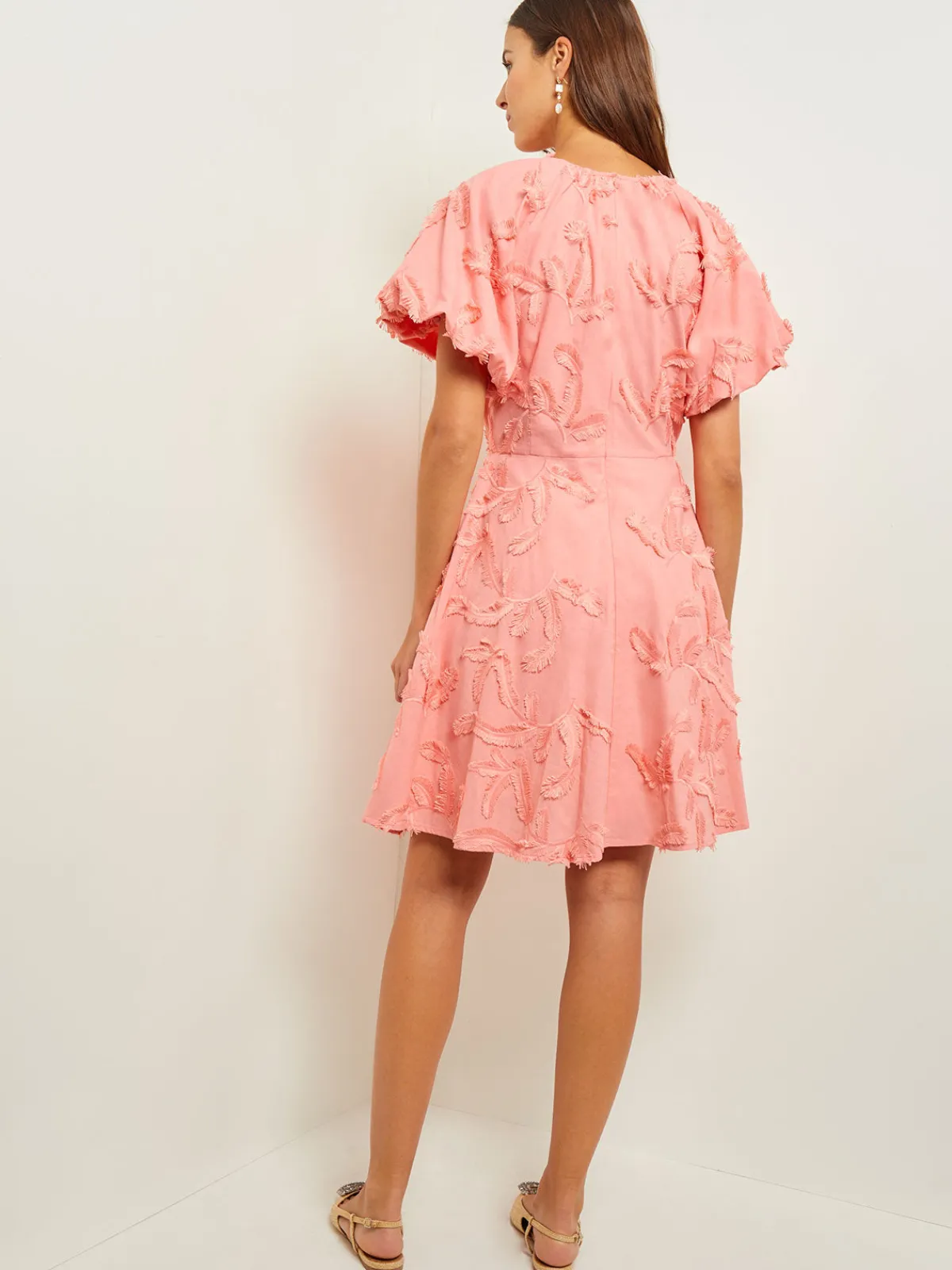 Dresses|Misook Mini Fit & Flare Dress - Puff Sleeve Fringe Applique Cotton OceanCoral