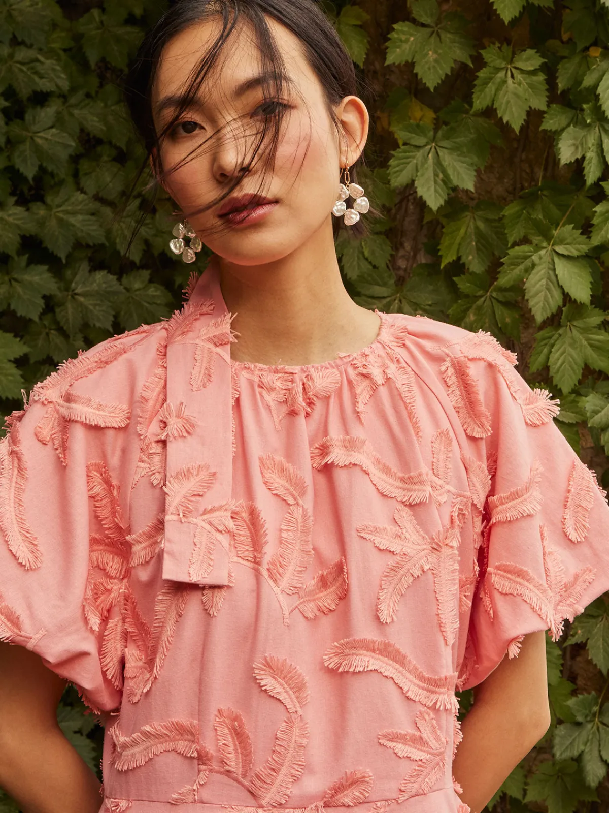 Dresses|Misook Mini Fit & Flare Dress - Puff Sleeve Fringe Applique Cotton OceanCoral
