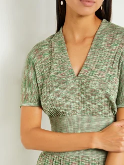 Dresses|Misook Mini Fit & Flare Dress - V-Neck Pleated Knit VerdantClover/ParadiseGreen/Charmeuse
