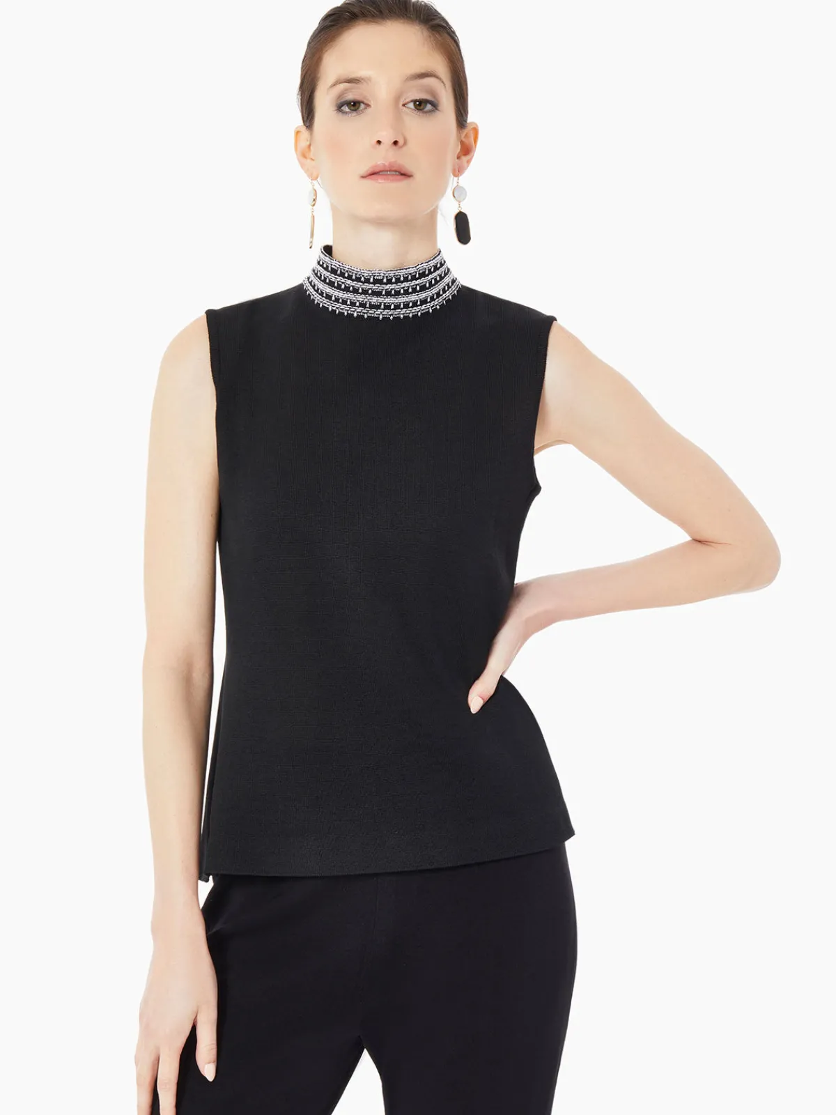 Tops & Tees|Tanks|Misook Mock Neck Embroidered Trim Knit Tank Top Black/NewIvory