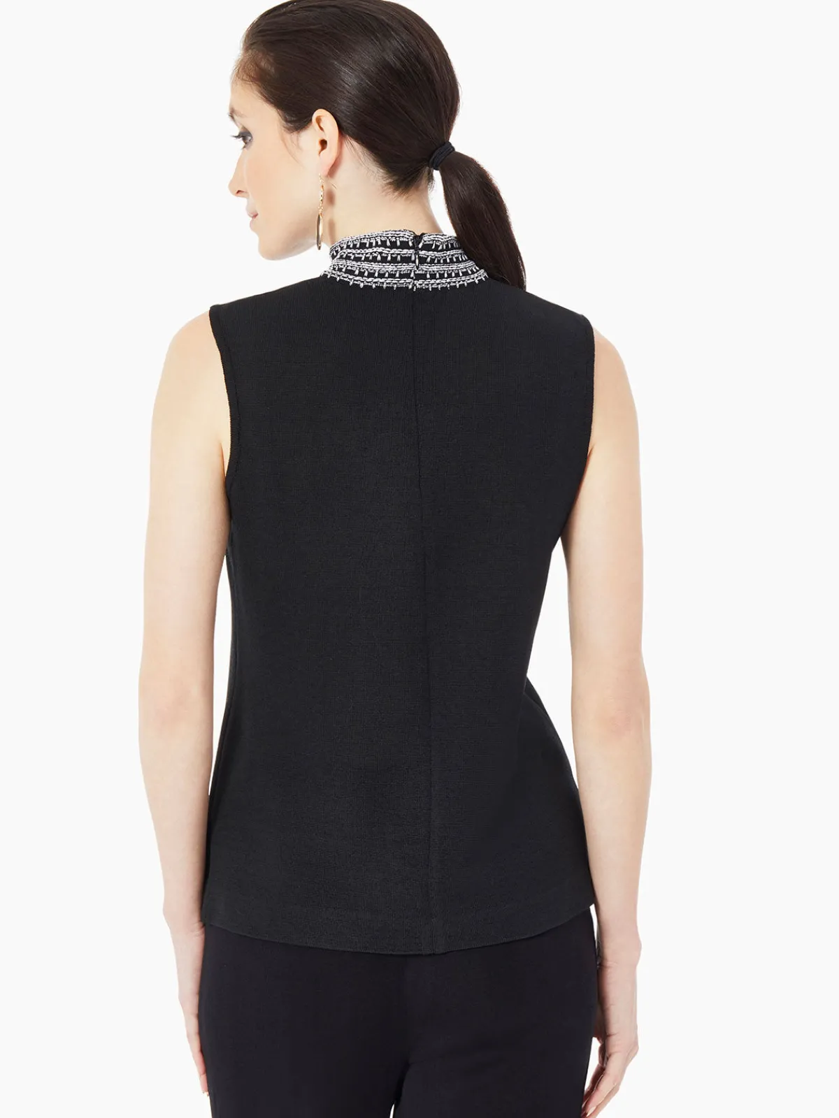 Tops & Tees|Tanks|Misook Mock Neck Embroidered Trim Knit Tank Top Black/NewIvory