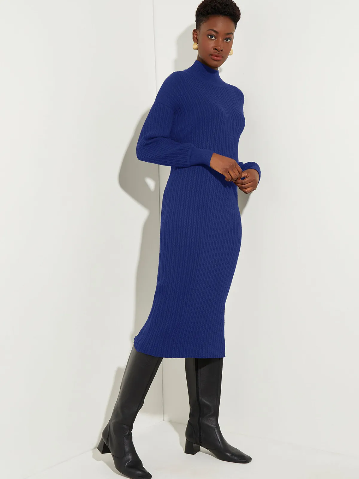 Dresses|Misook Mock Neck Soft Cable Knit Sweater Dress StarryNightBlue