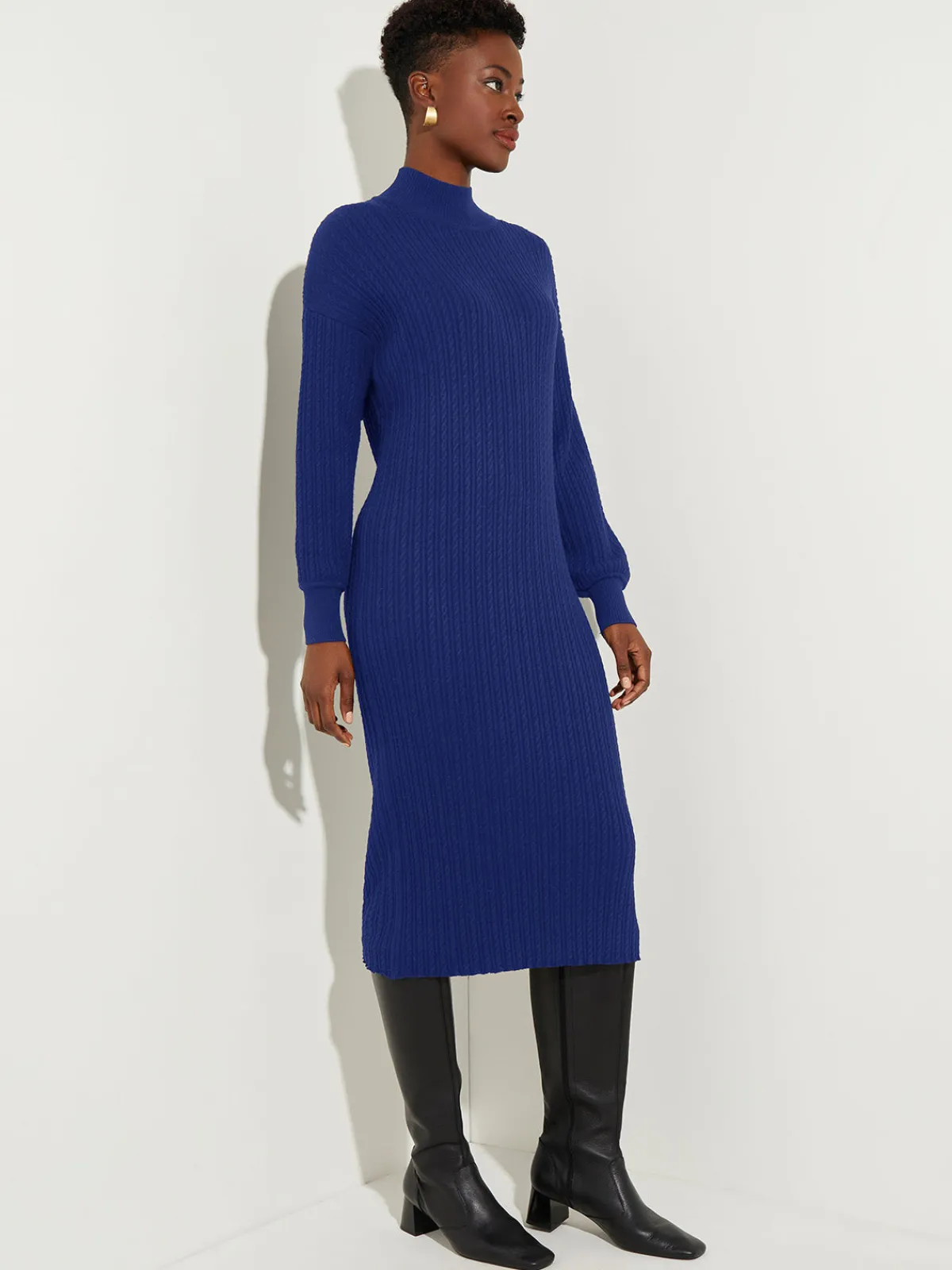 Dresses|Misook Mock Neck Soft Cable Knit Sweater Dress StarryNightBlue