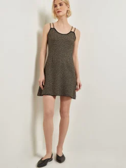 Dresses|Misook Modern Fit A-Line Curb Chain Double Strap Knit Mini Dress Black/Gold
