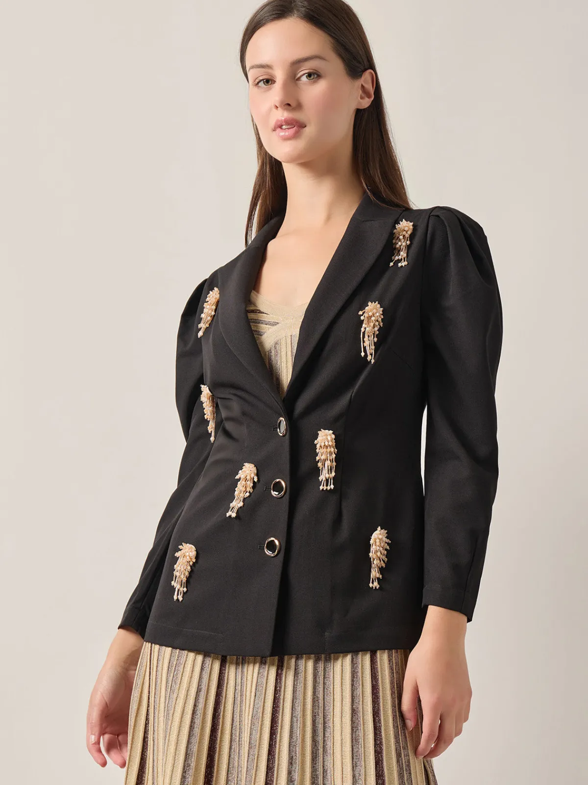 Jackets & Coats|Misook Modern Fit Beaded Applique Button Front Blazer Black/Gold