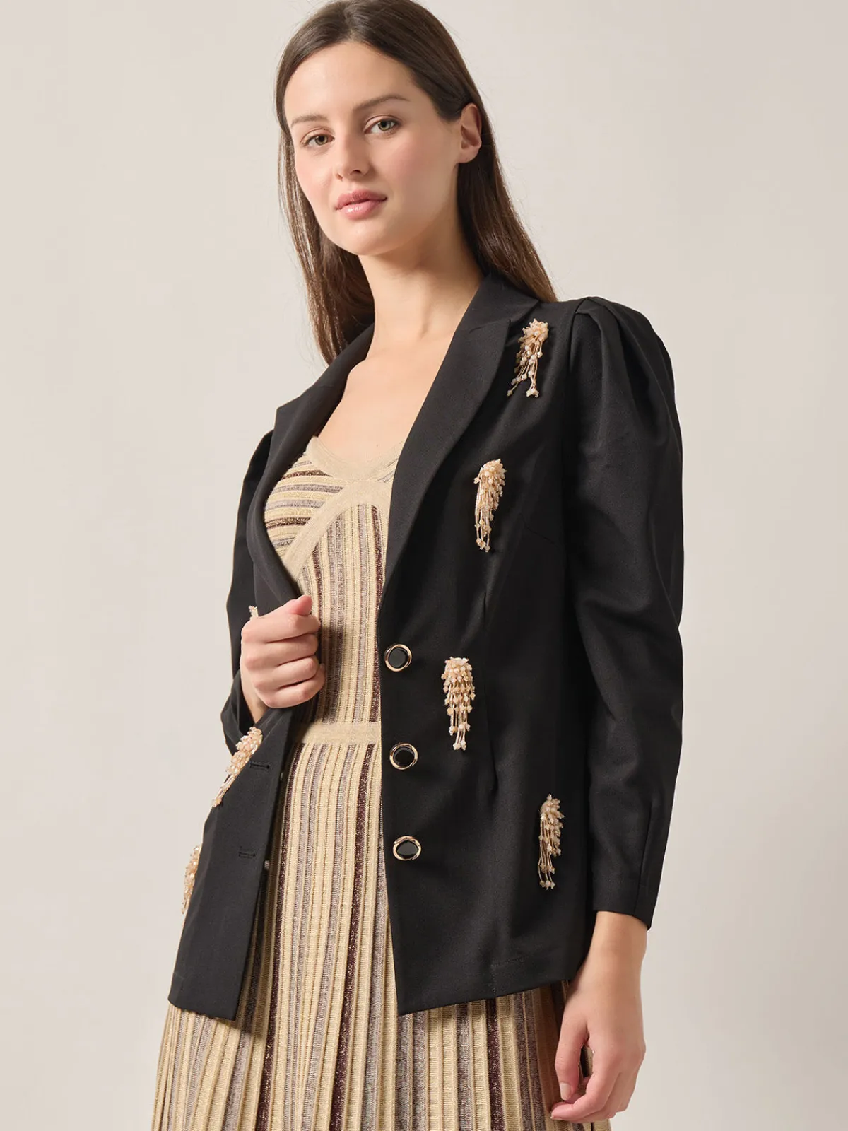 Jackets & Coats|Misook Modern Fit Beaded Applique Button Front Blazer Black/Gold