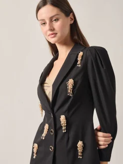Jackets & Coats|Misook Modern Fit Beaded Applique Button Front Blazer Black/Gold