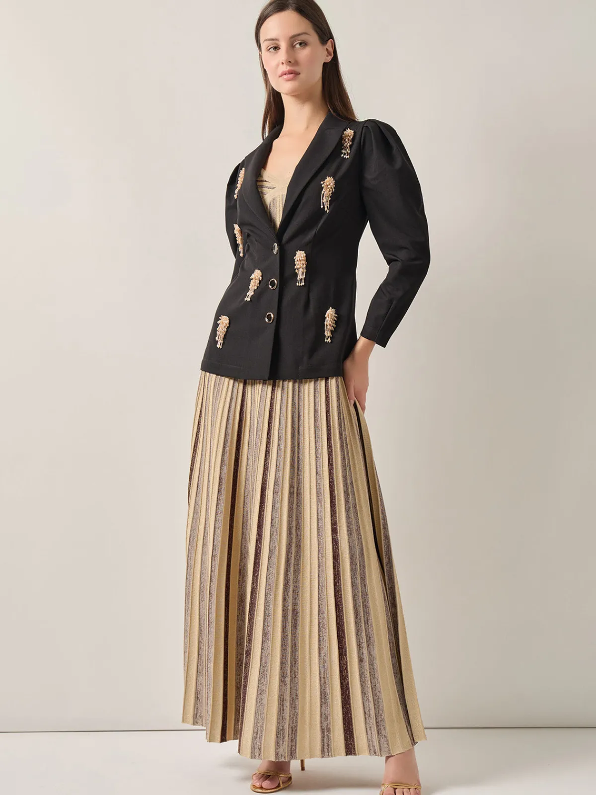 Jackets & Coats|Misook Modern Fit Beaded Applique Button Front Blazer Black/Gold