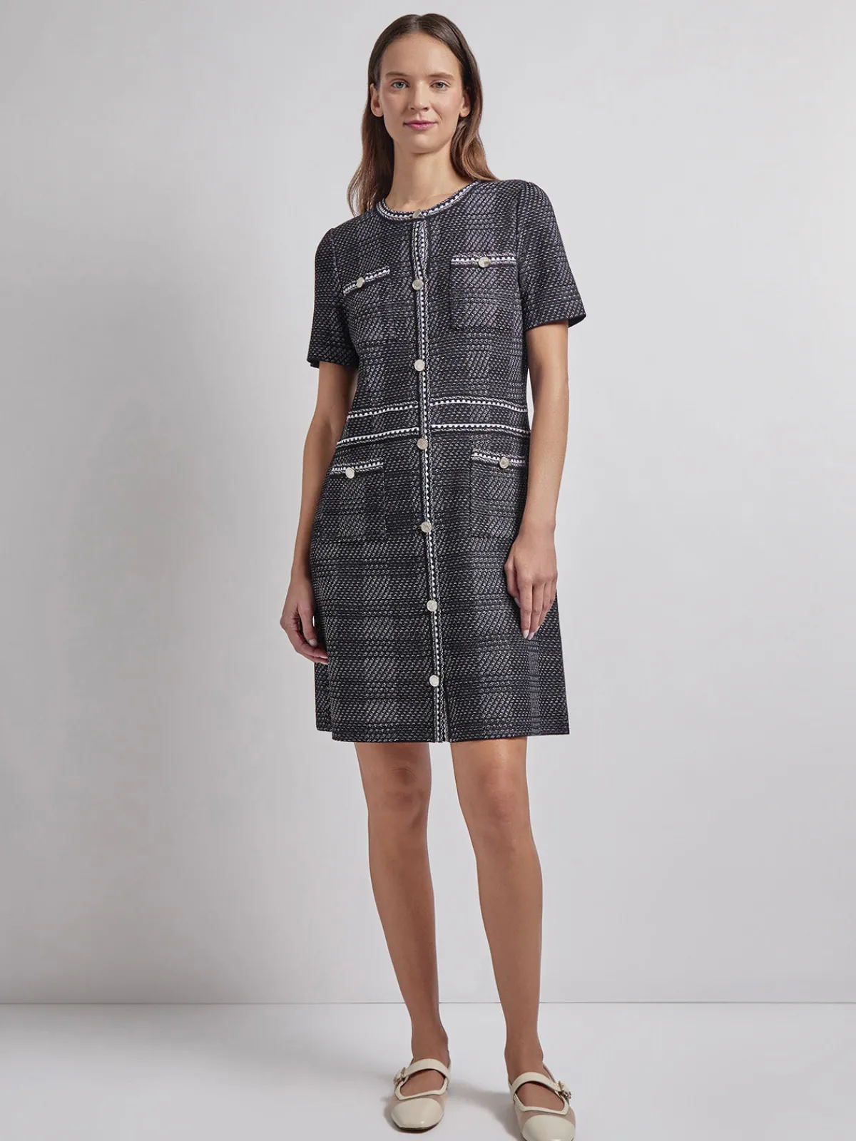 Dresses|Misook Modern Fit Bold Plaid Tweed Knit Sheath Dress Black/White